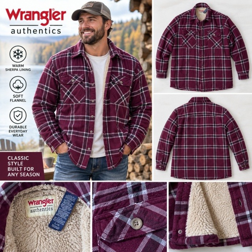 Wrangler Authentics Mens Sherpa Lined Flannel Shirt Jacket Burgundy Plaid Large